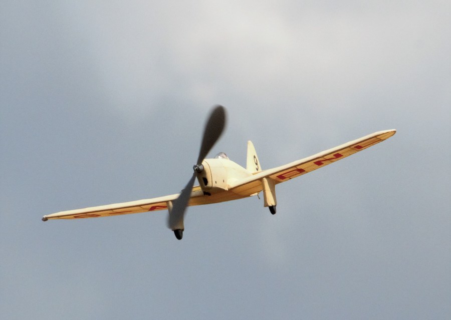 Rubber powered Miles Sparrowhawk peanut in flight